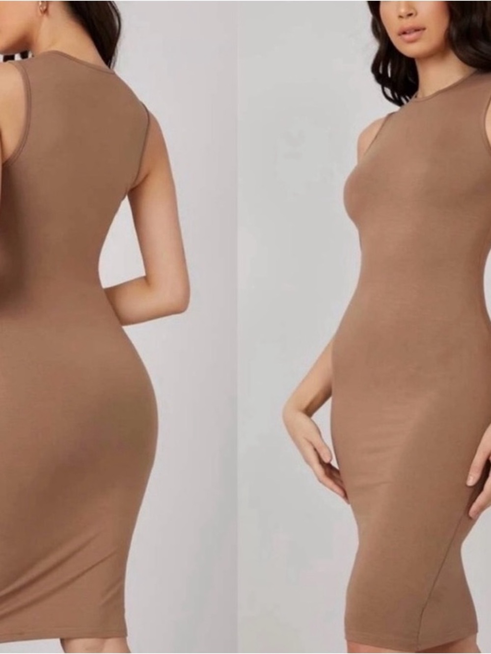 Minimalist high neck bodycon midi dress mocha tan